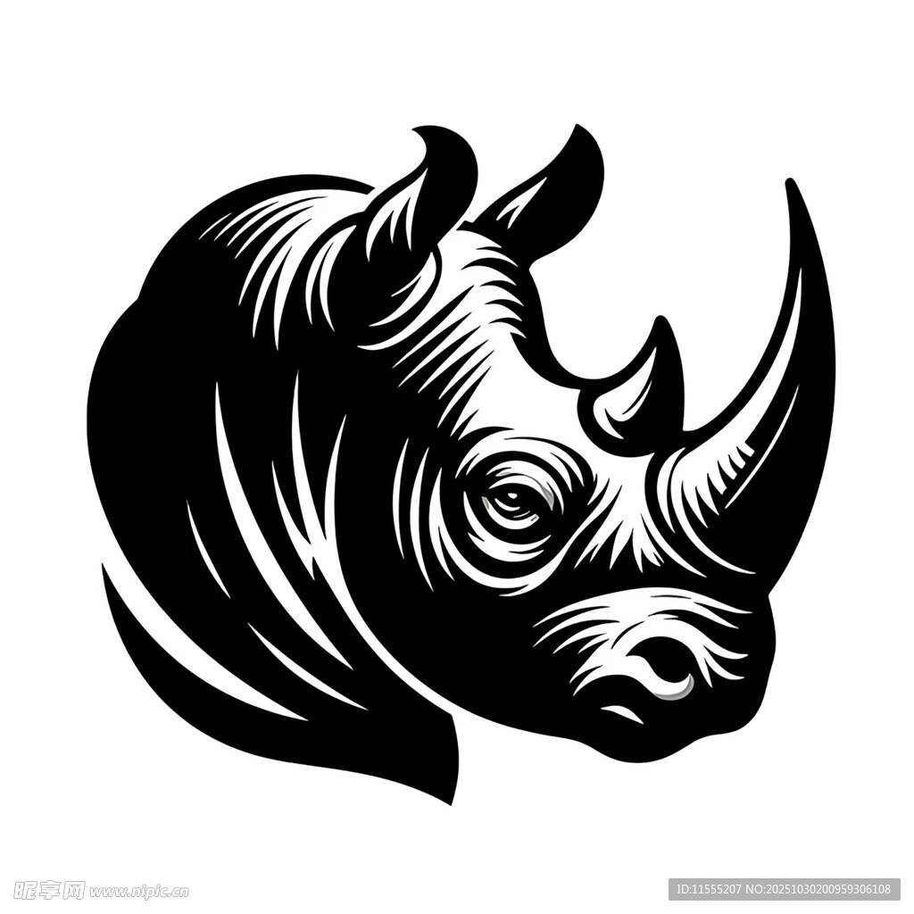 犀牛头部黑白简约矢量图
