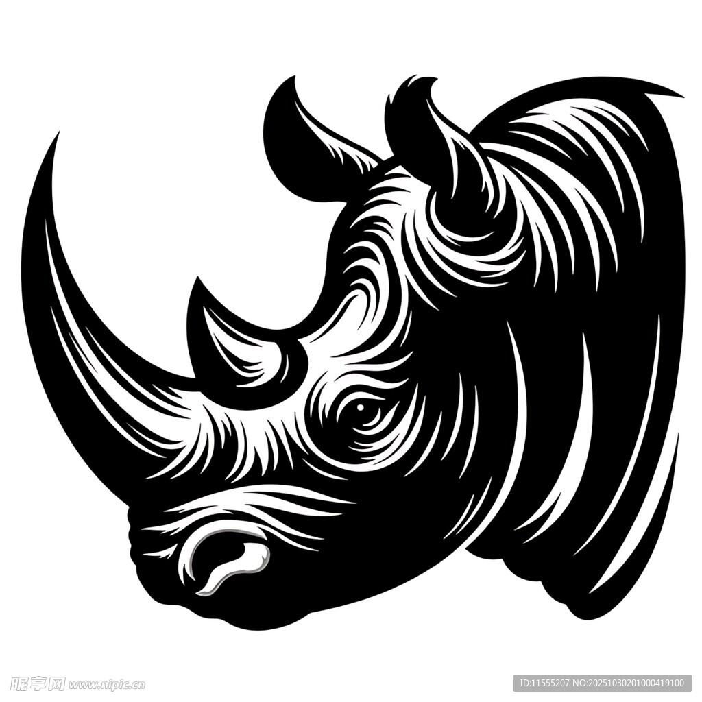 犀牛头部黑白简约插画