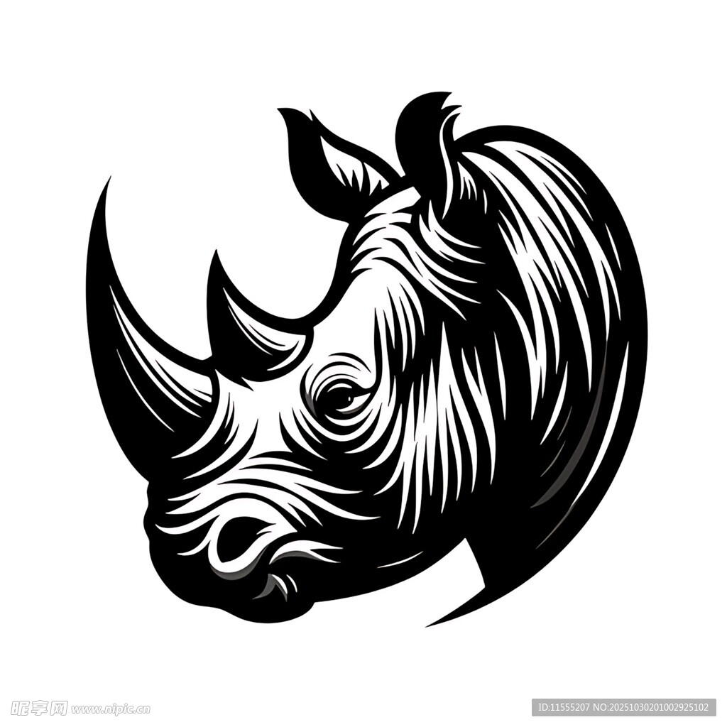 犀牛头部黑白简约插画