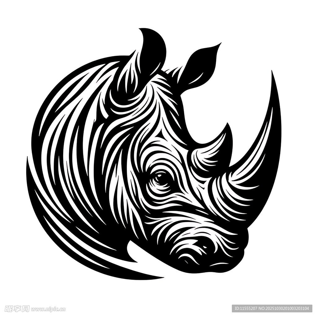 犀牛头部黑白线条艺术图