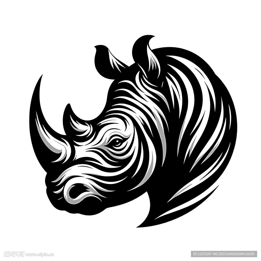 犀牛头部黑白线条艺术图案