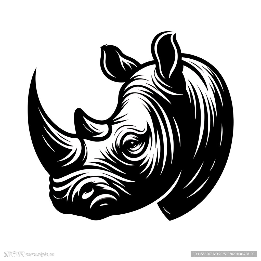 犀牛头部黑白简约插画