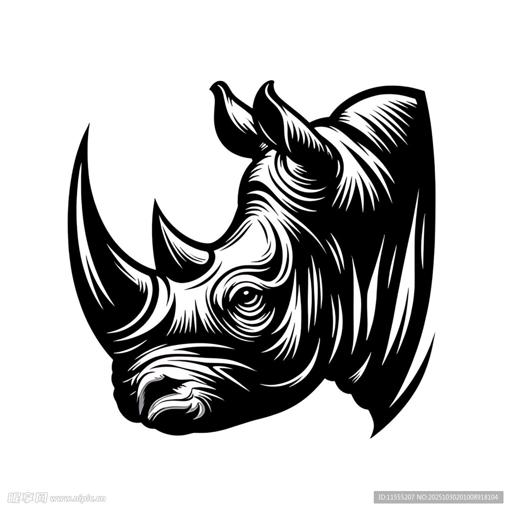 犀牛头部黑白简约图案
