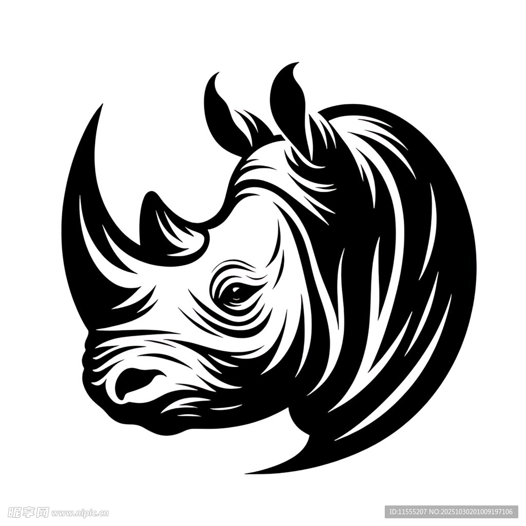 犀牛头部黑白简约图案