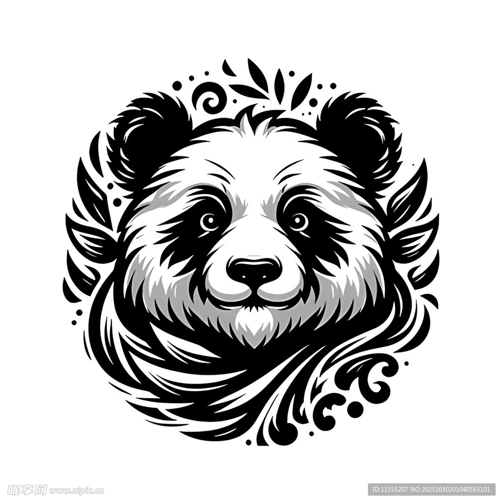 熊猫头像黑白艺术图案