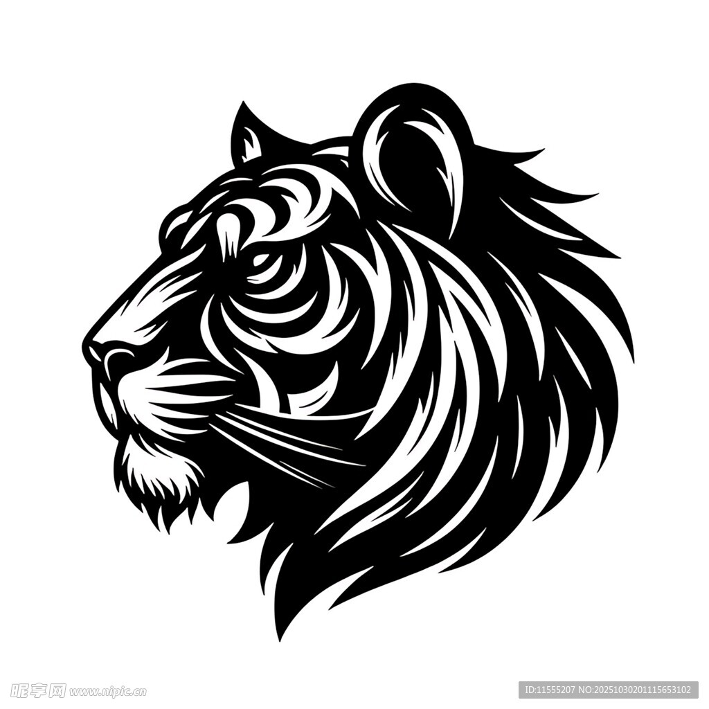 老虎头部简约黑白插画
