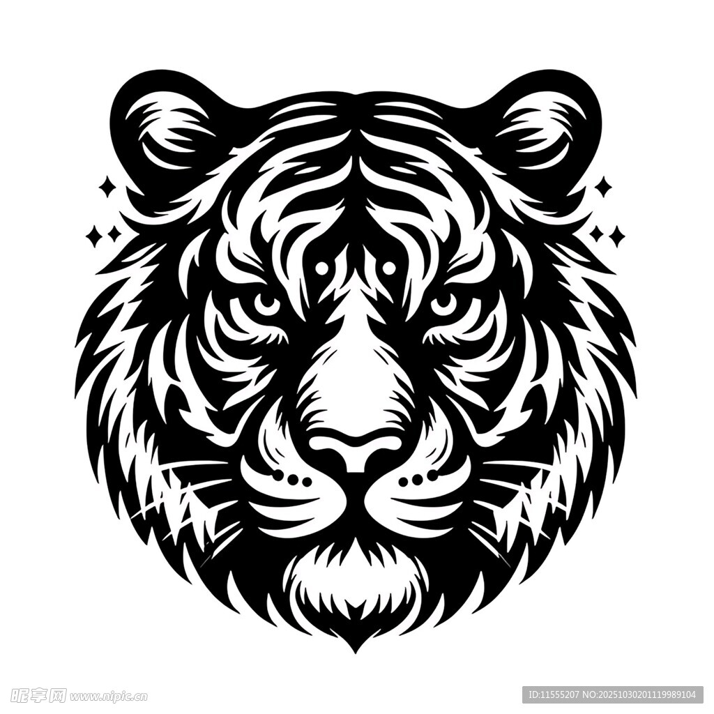 老虎头像黑白矢量图案