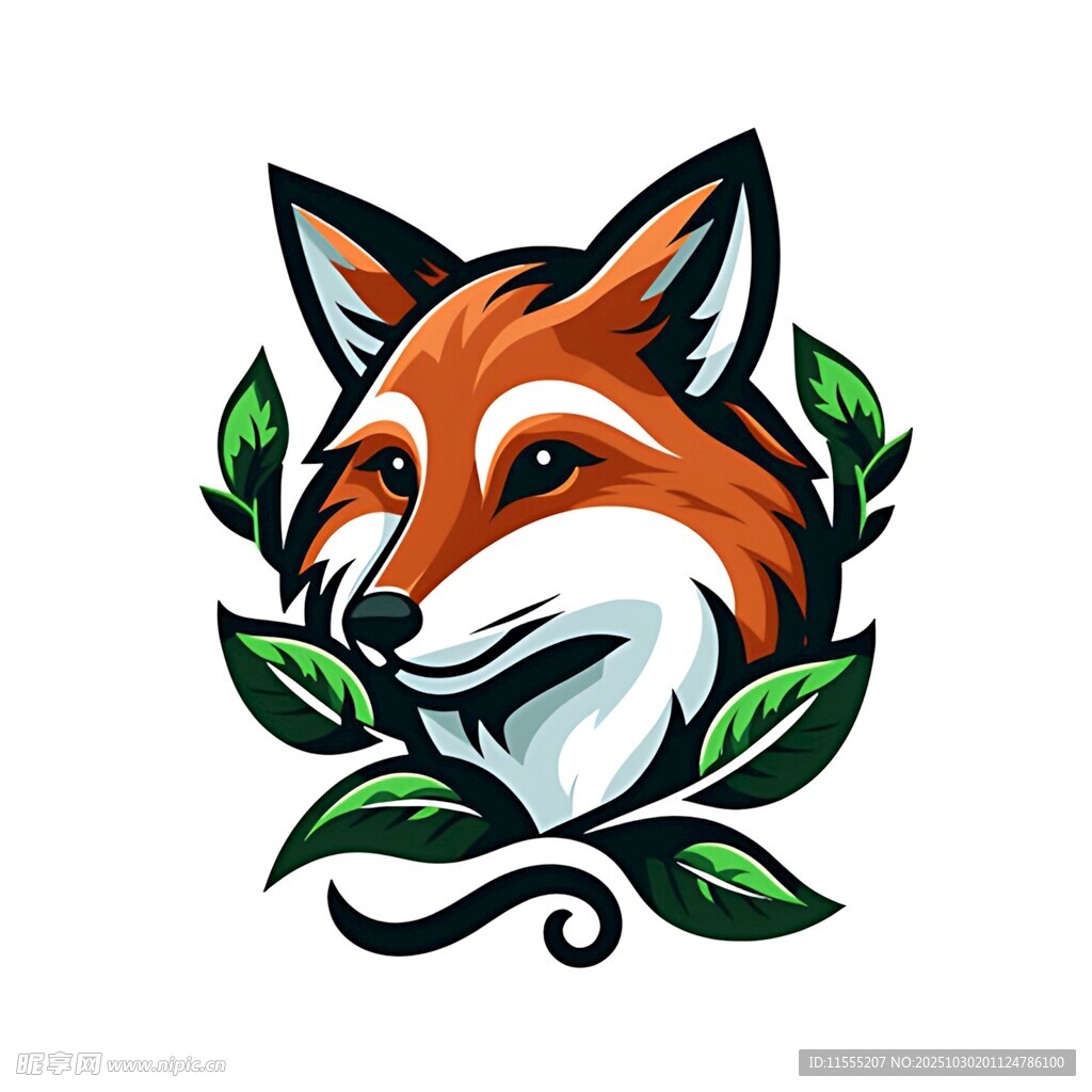 狐狸头像与绿叶装饰图案