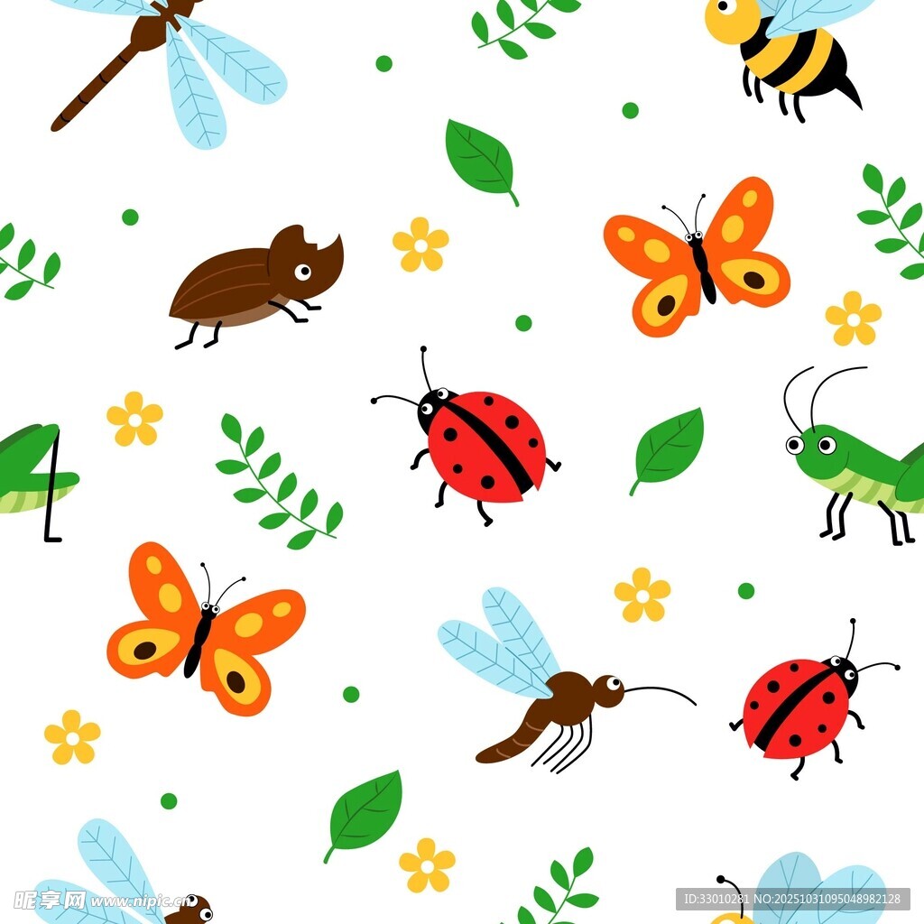 多彩昆虫与花草图案背景