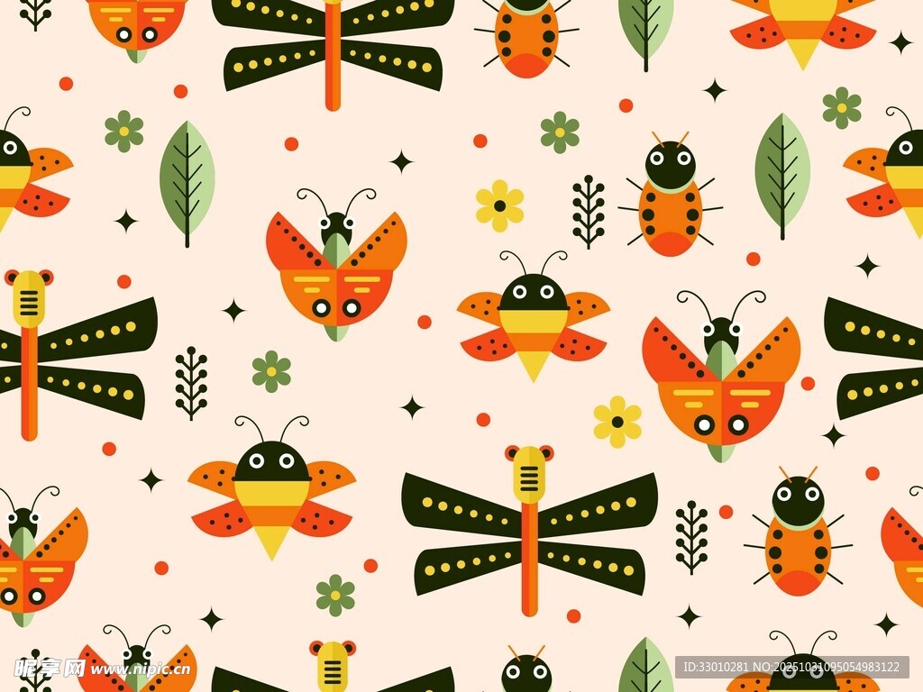 昆虫主题可爱无缝图案