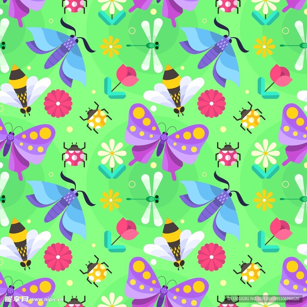 清新多彩昆虫花卉图案