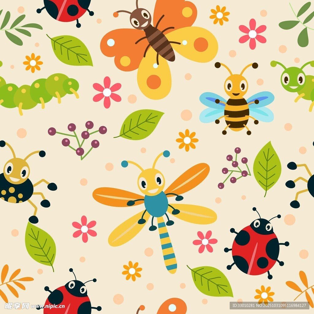 可爱昆虫花卉卡通图案背景