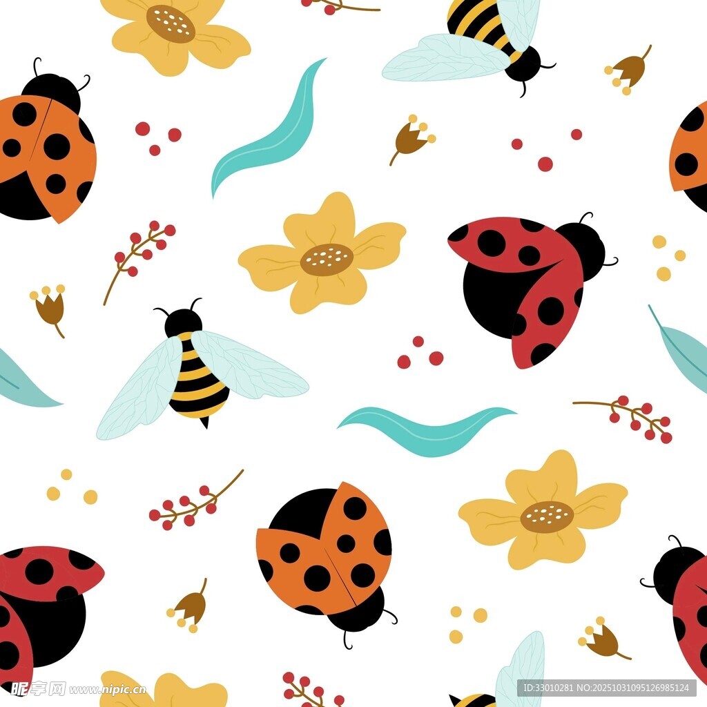 瓢虫蜜蜂花朵图案背景