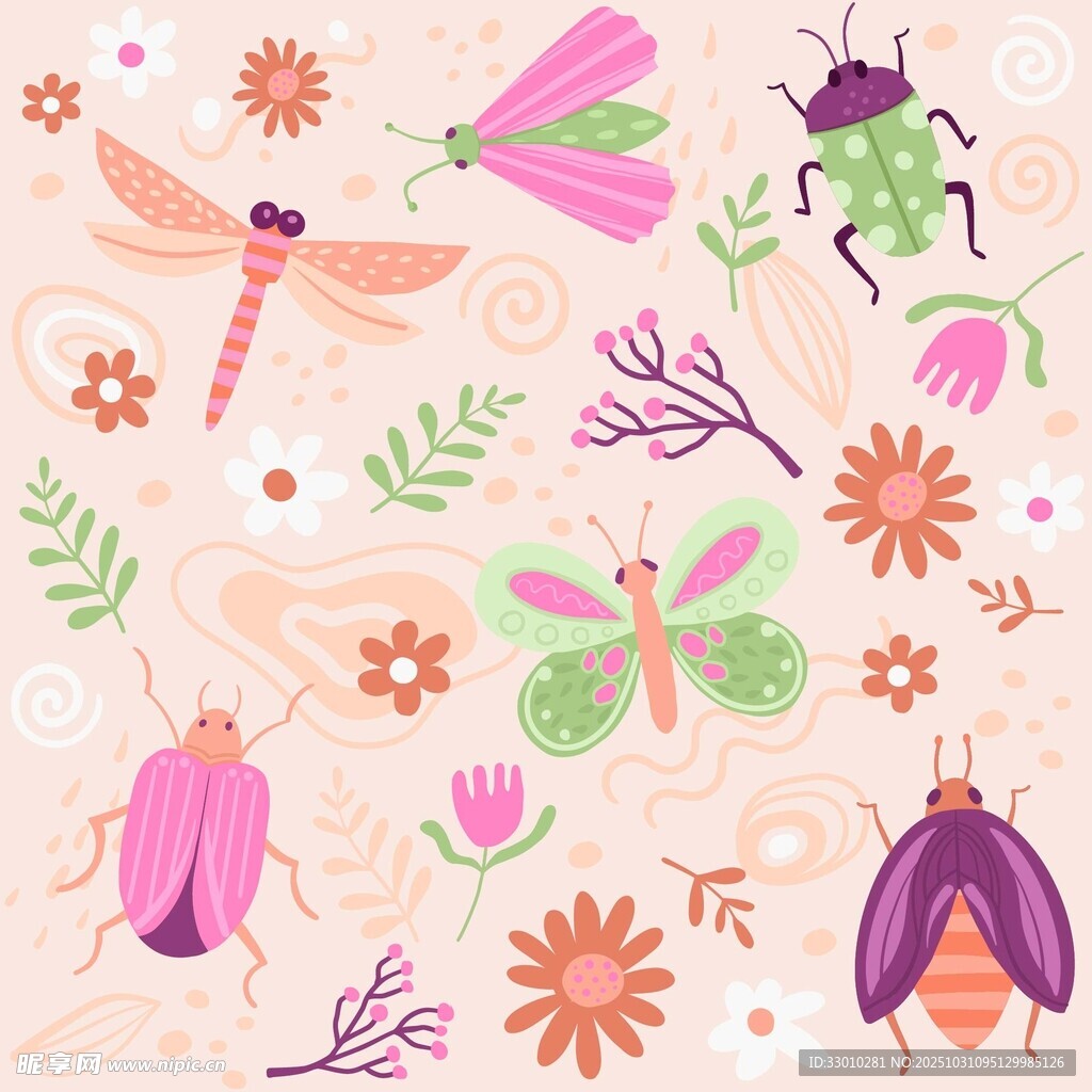多彩昆虫与花卉插画