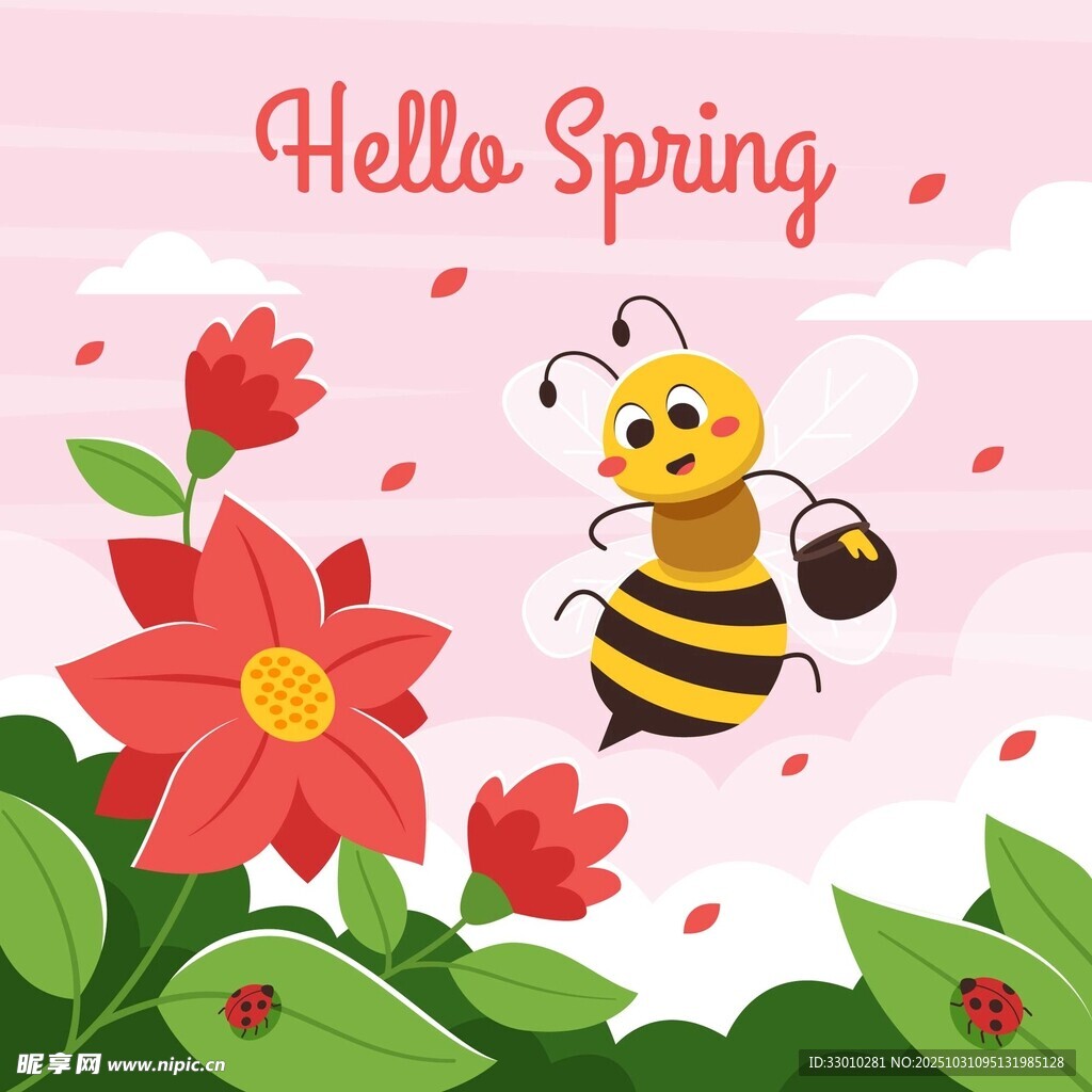 春天蜜蜂与花朵插画