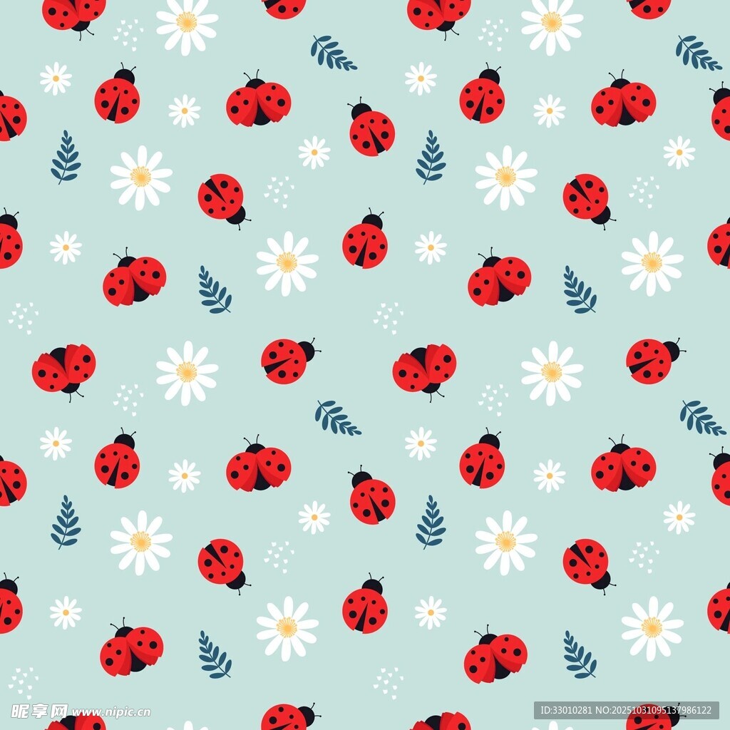 浅蓝色底瓢虫雏菊图案