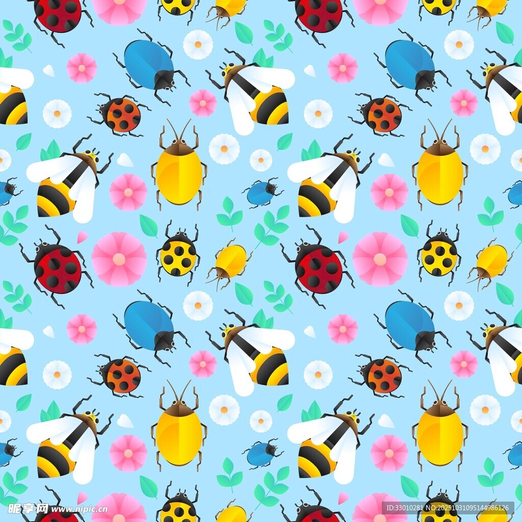 蜜蜂花卉图案的清新背景图