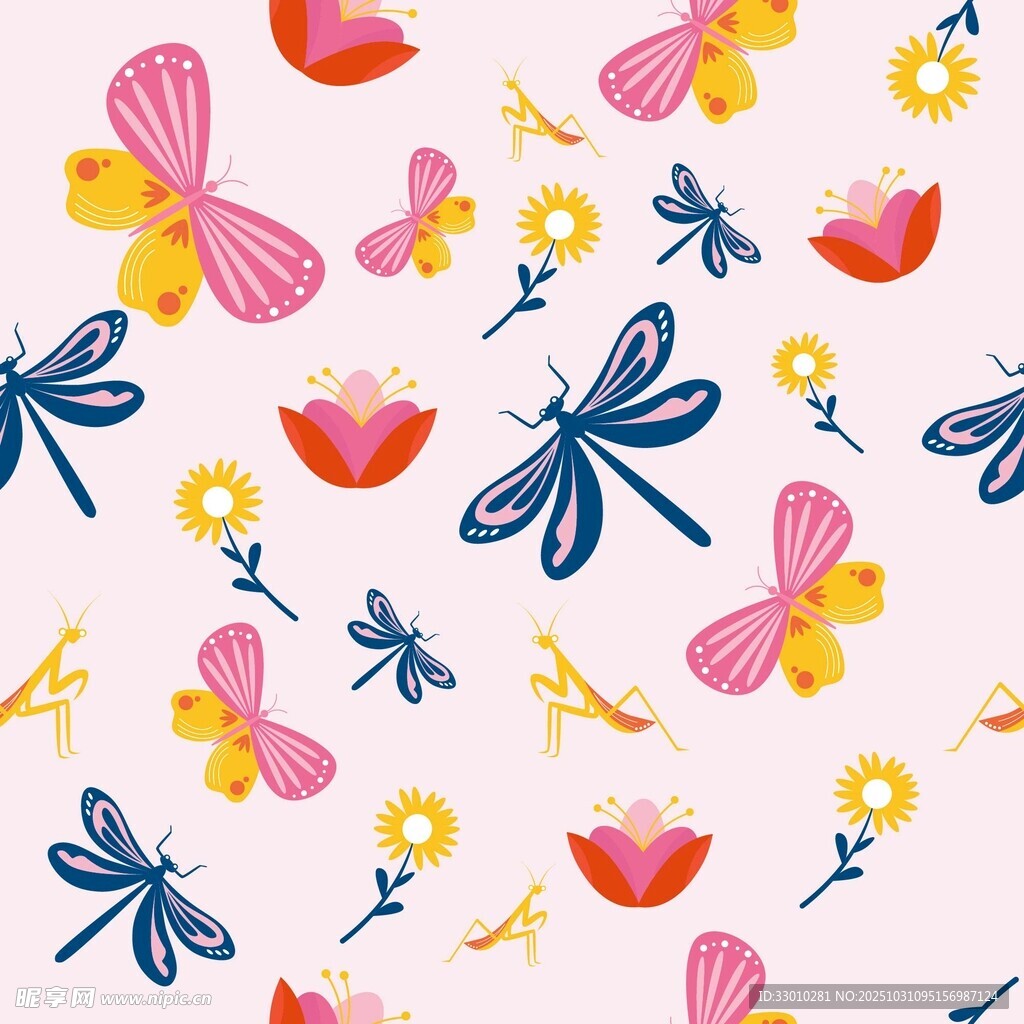 多彩昆虫花卉图案背景