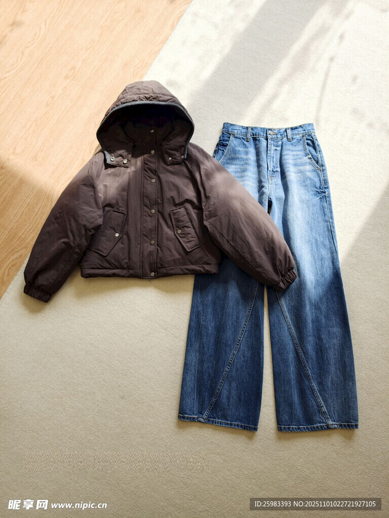 羽绒服牛仔裤