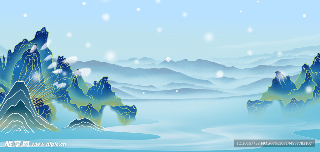 冬至雪景蓝色国潮背景