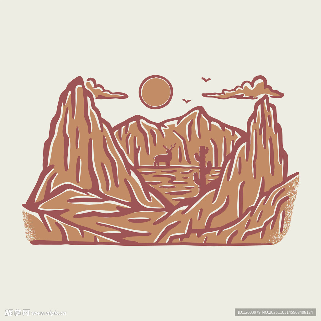 山川落日风景插画
