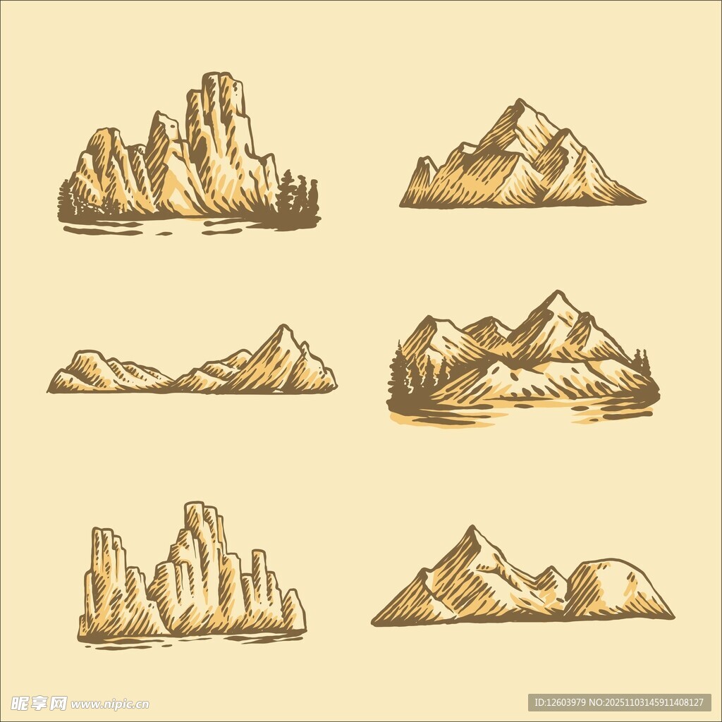 手绘风格多样山峰图案