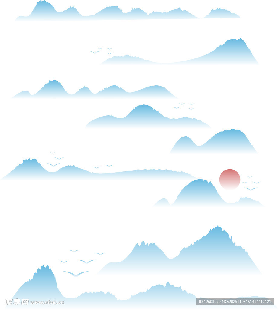 水墨群山间的红日美景