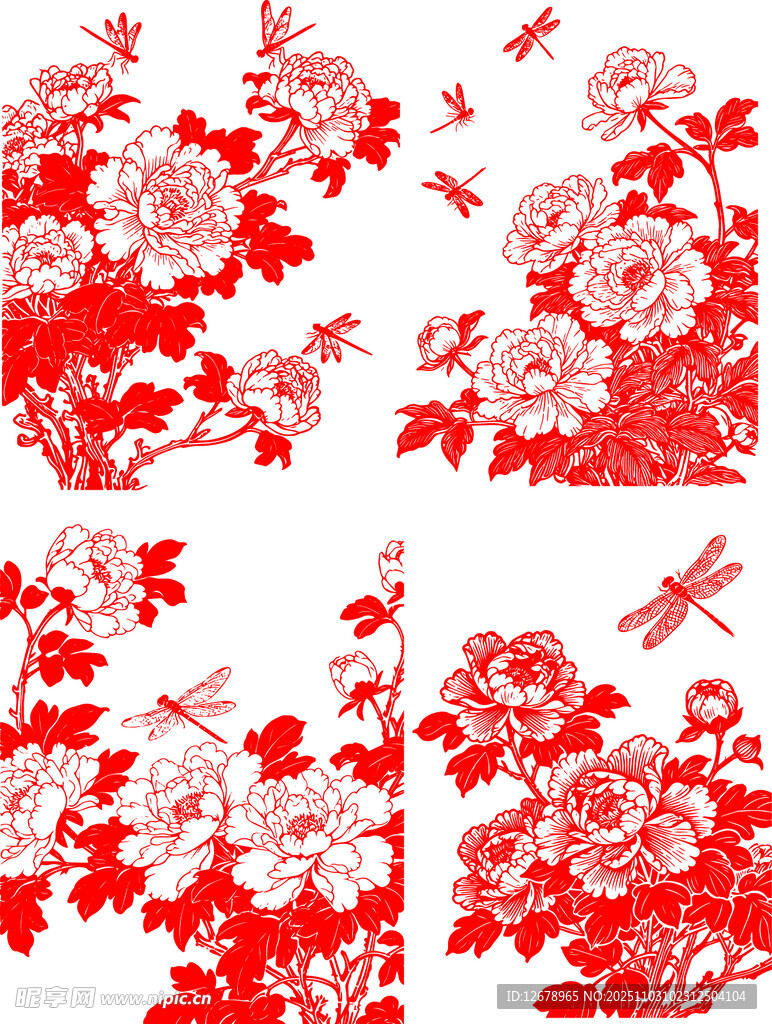 中式剪纸风牡丹花卉与飞鸟图案