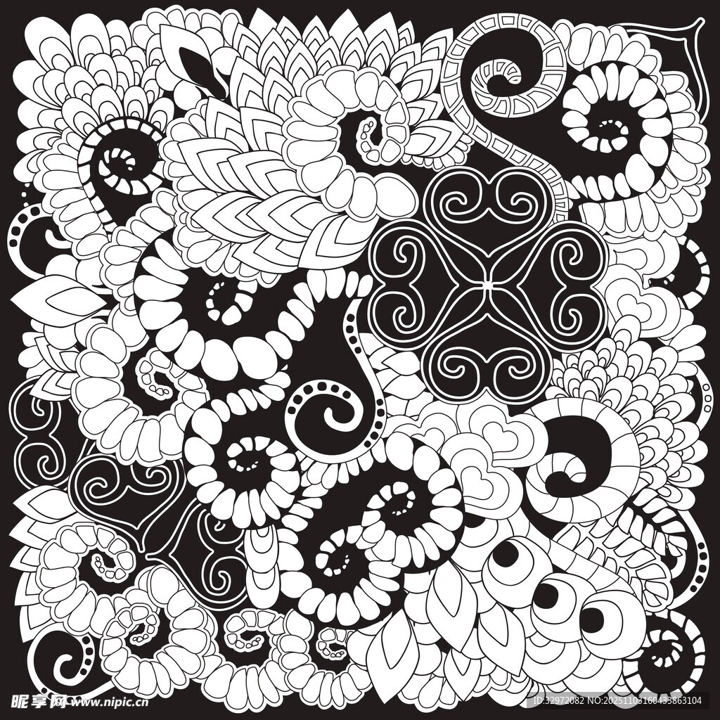 黑白花卉图案装饰画
