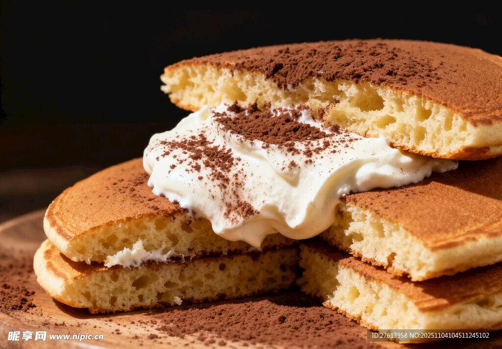 美味松饼配奶油与可可粉