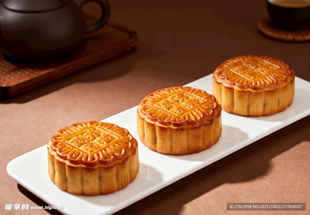 传统月饼摆放在盘上