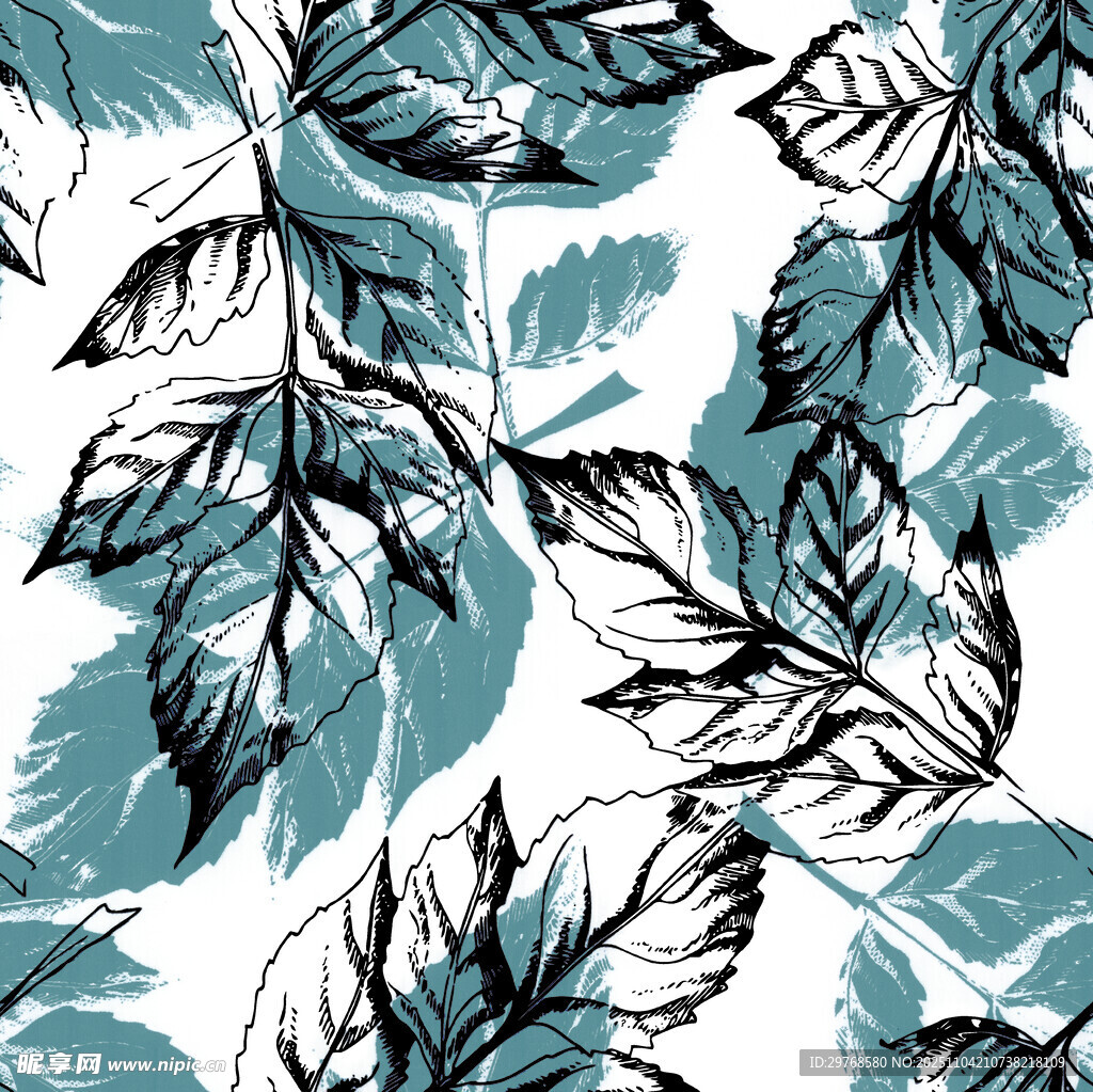 蓝绿叶片植物无缝图案