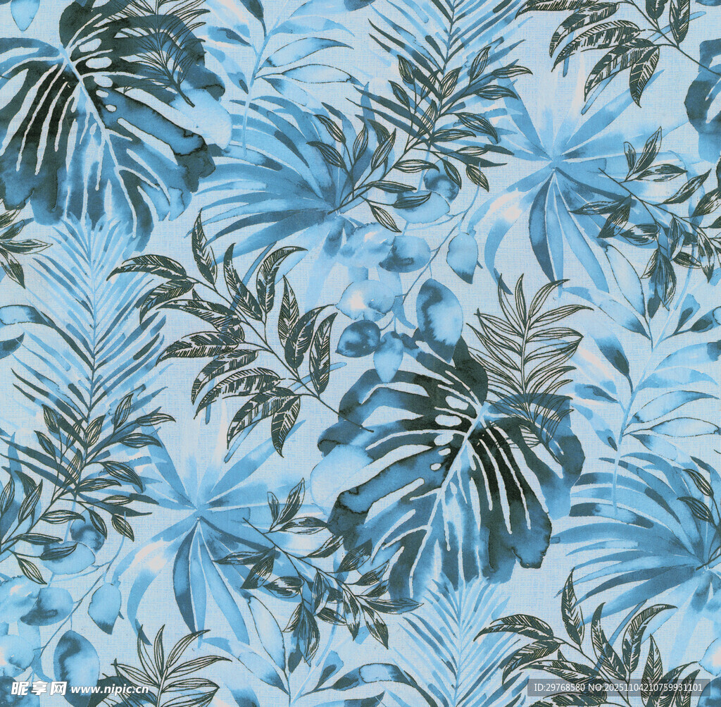 蓝调热带植物印花图案