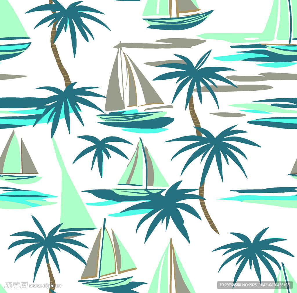 热带海洋帆船棕榈树图案
