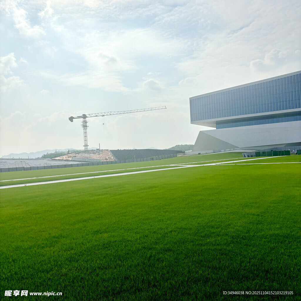 现代建筑旁的翠绿草坪