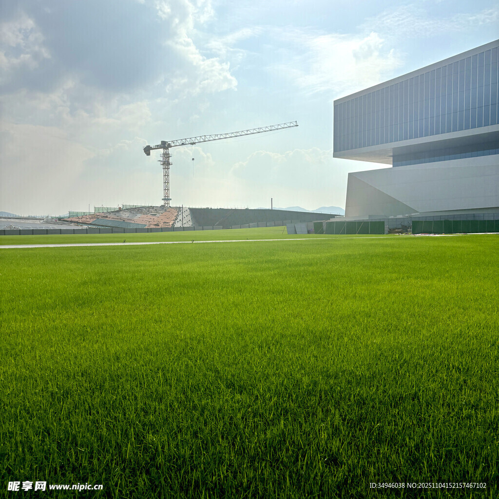 绿地旁的建筑施工场景