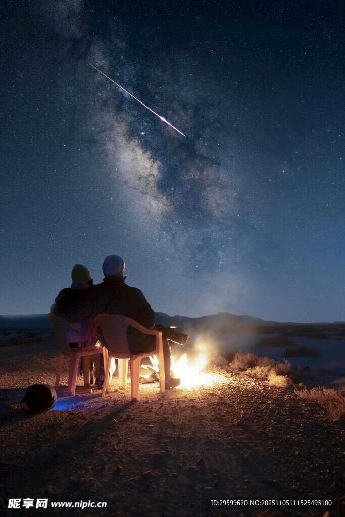 星空下的露营篝火场景