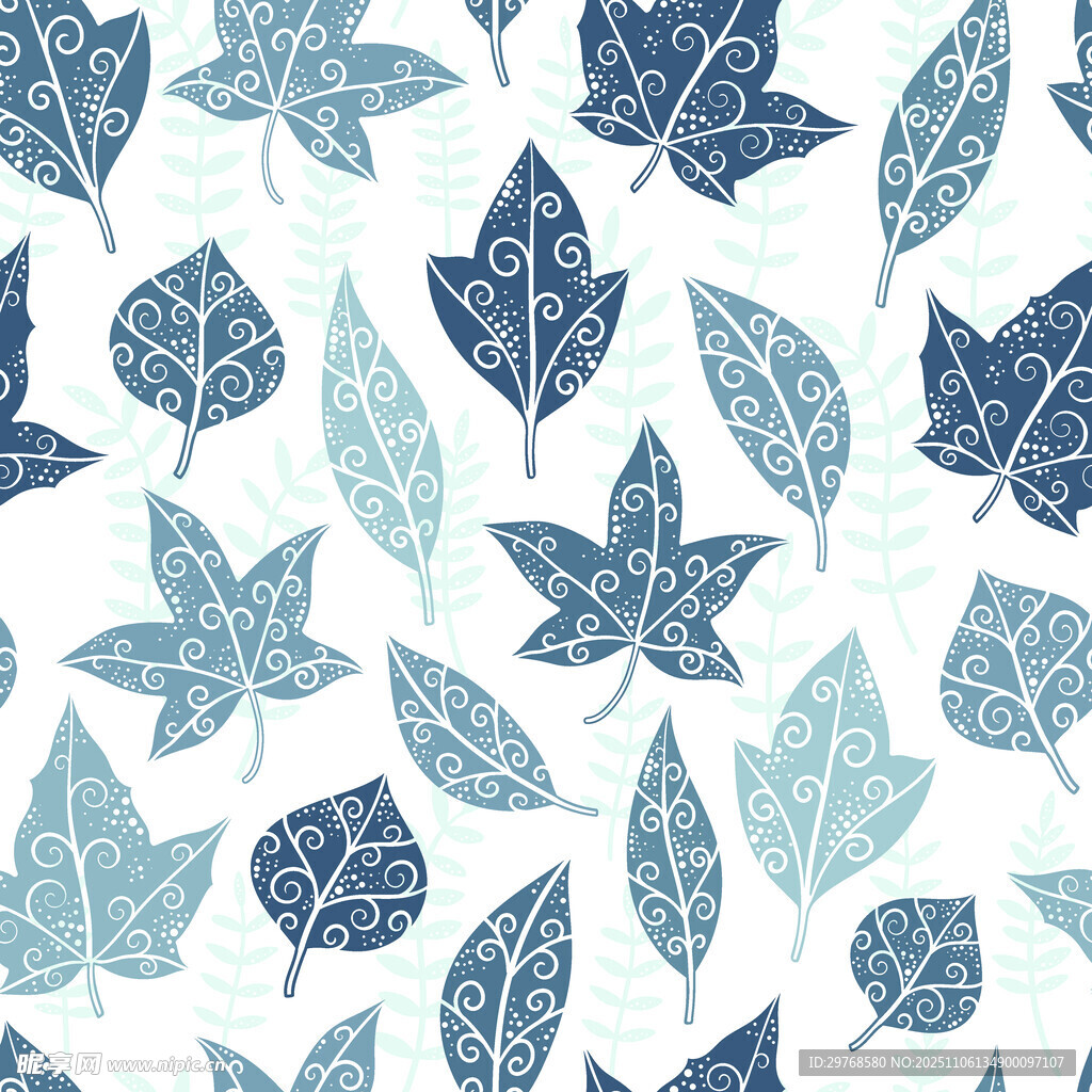 蓝白树叶无缝图案背景