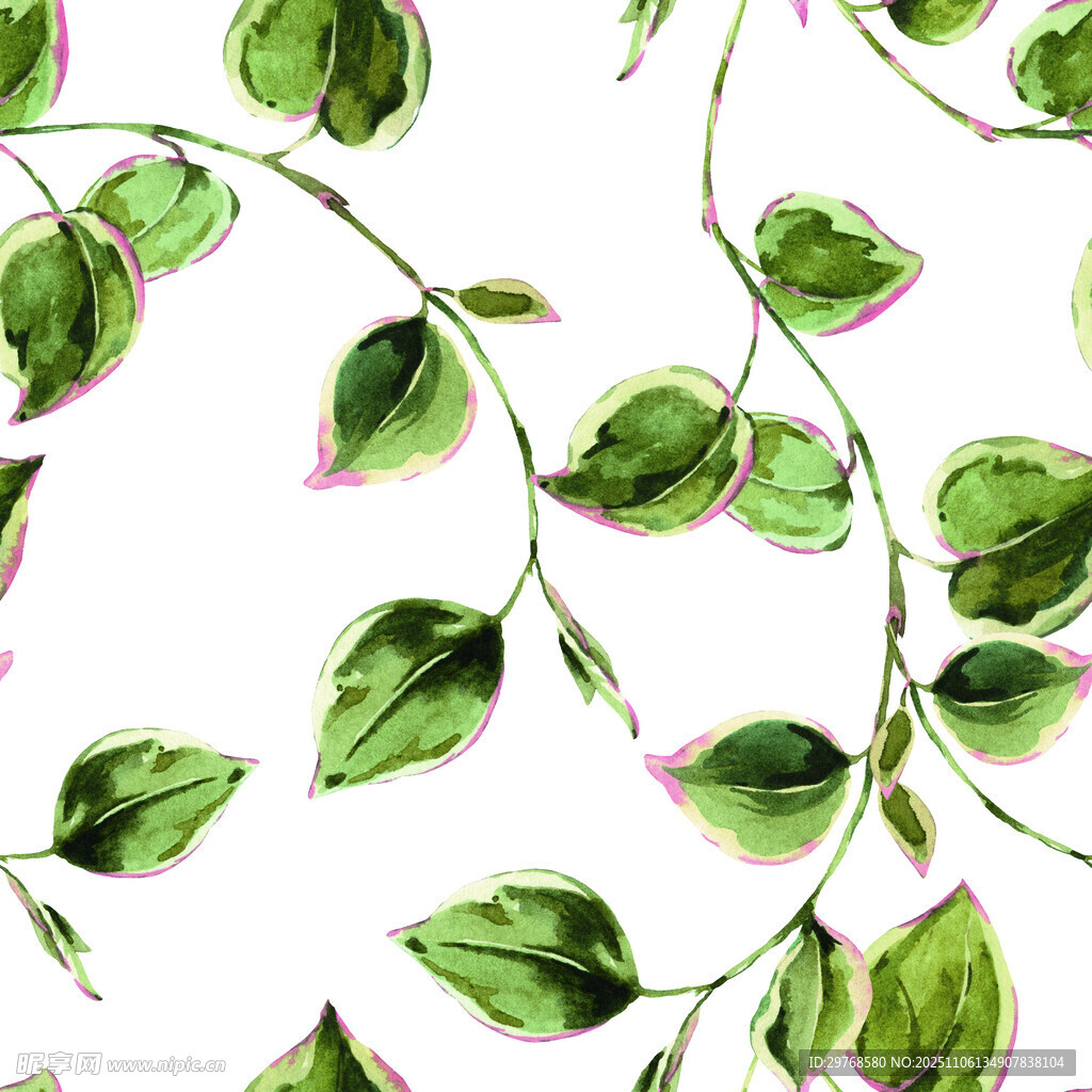 绿叶藤蔓水彩无缝图案