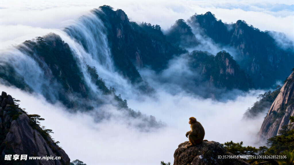 黄山云海中的壮美山峰