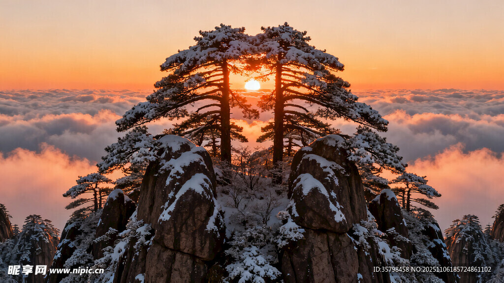 雪后黄山日出壮丽景观
