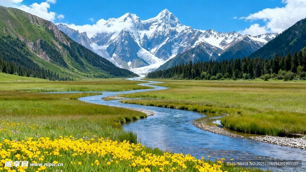 山间溪流旁的烂漫花海