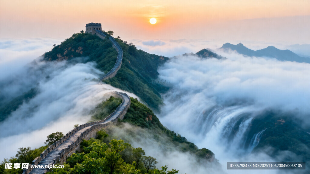 日出云海中的雄伟长城