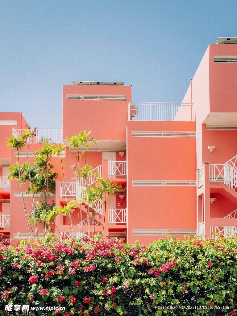 粉色建筑与烂漫花丛