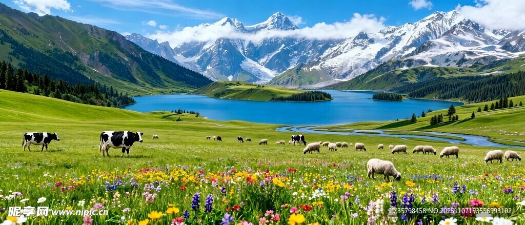 高山湖畔的牧场景色