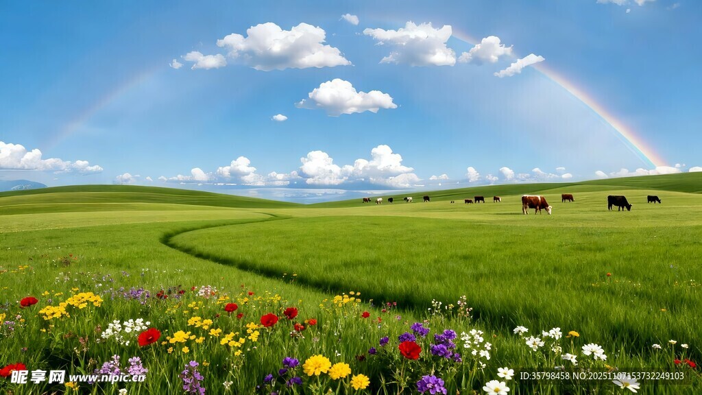 草原花海间的绚丽彩虹