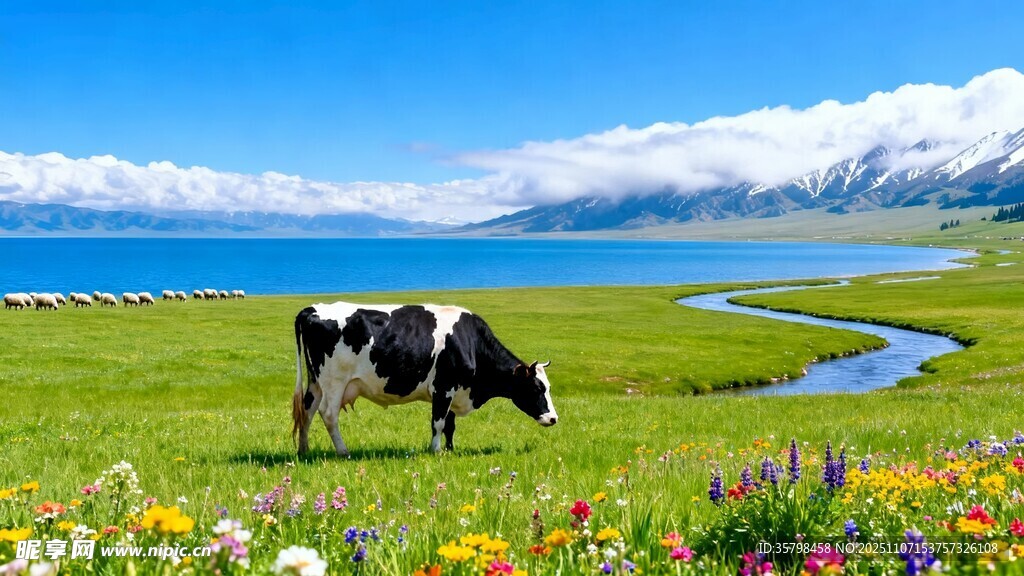 草原湖畔的悠闲奶牛