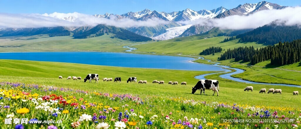 高山湖畔牧场景色如画