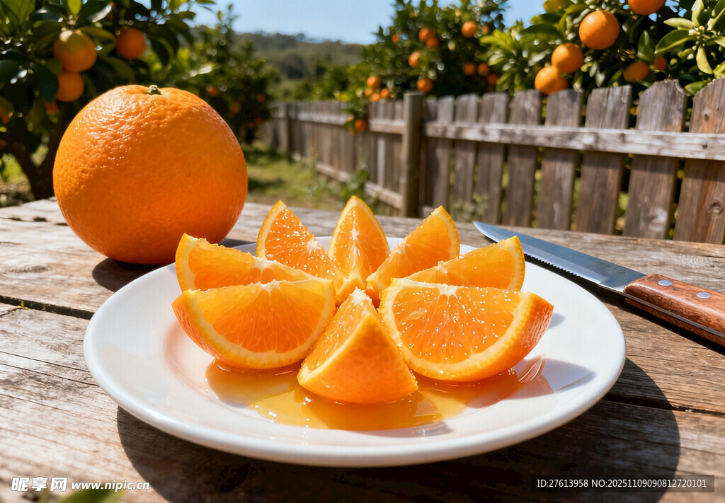 木桌上盘里的鲜切橙子
