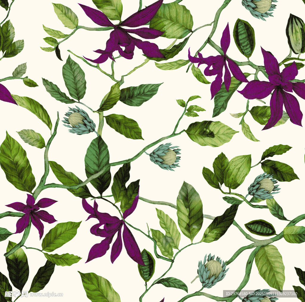 手绘紫色花卉绿叶图案